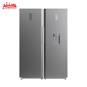 نمای نزدیک از یخچال دوقلو دوو SRI/SFI-20SS با طبقات شیشه‌ای بدون قاب و سیستم خنک‌کننده چندگانه برای تازگی مواد غذایی.